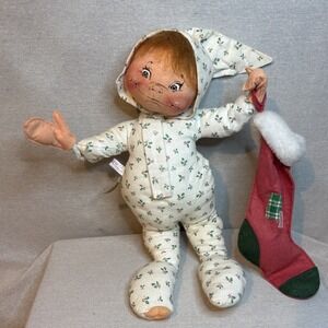 Vintage Annalee 20"‎ Fabric Doll 1989 Poseable Red Hair Holly PJs Red Stocking